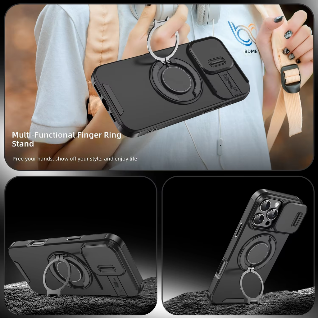 MagSafe Ring Stand iPhone Case with Camera Slide Cover – Military Grade Shockproof Protective Case