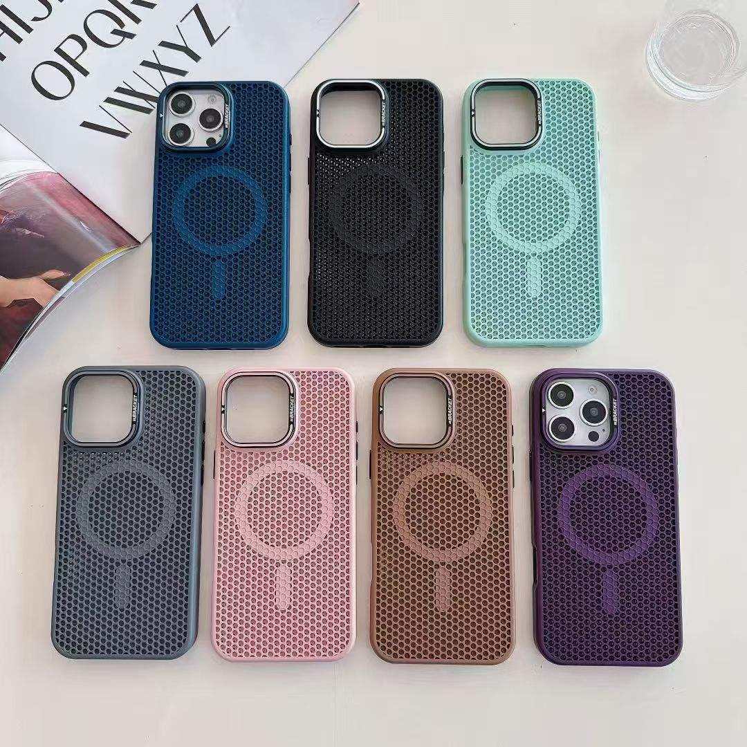 iPhone Magnetic Lens Stand Honeycomb Cooling Silicone Case with Animal Design