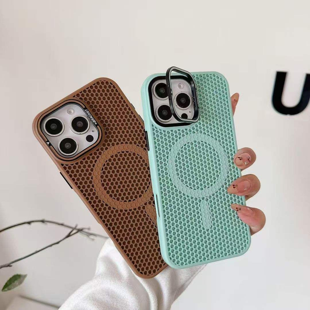 iPhone Magnetic Lens Stand Honeycomb Cooling Silicone Case with Animal Design